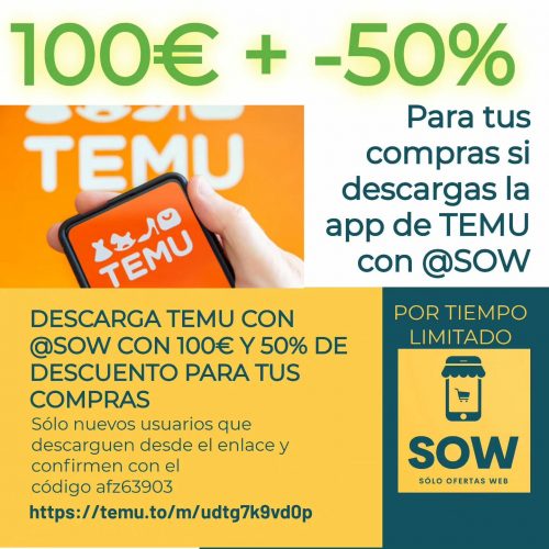 oferta de cien euros en cupones más cincuenta por ciento de descuento para nuevos usuarios de TEMU app