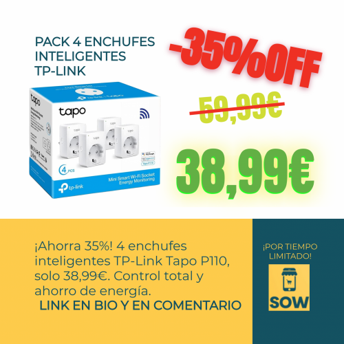Transforma tu hogar con el TP-Link Tapo P110 (4-Pack) de enchufes inteligentes. ¡Gran oferta! Ahorra un 35%, solo 38,99€ en lugar de 59,99€. Control remoto, programación, temporizador y monitoreo energético. Compatible con Alexa y Google Home para control por voz. Configuración rápida y fácil.