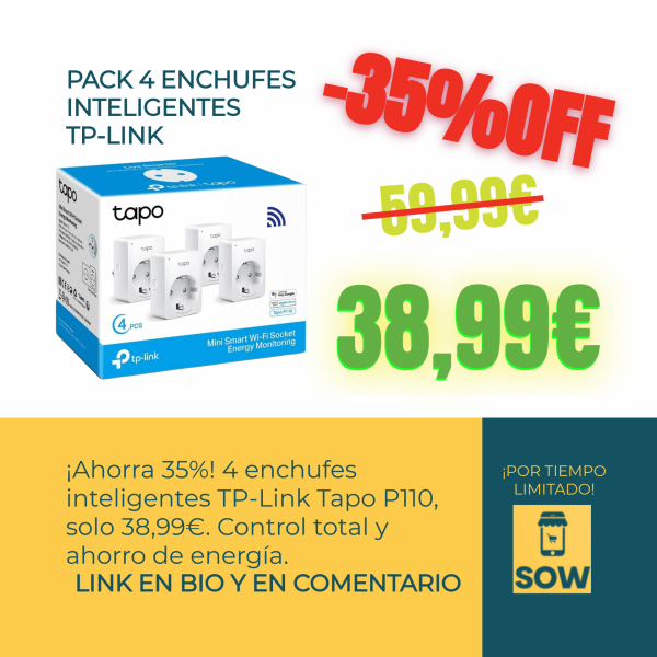 Transforma tu hogar con el TP-Link Tapo P110 (4-Pack) de enchufes inteligentes. ¡Gran oferta! Ahorra un 35%, solo 38,99€ en lugar de 59,99€. Control remoto, programación, temporizador y monitoreo energético. Compatible con Alexa y Google Home para control por voz. Configuración rápida y fácil.