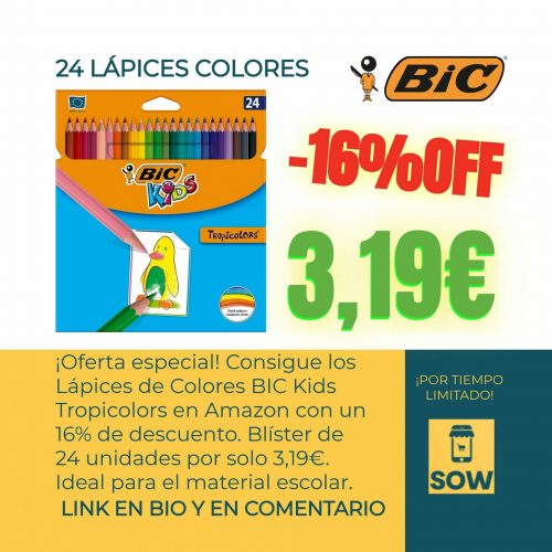 oferta 16 por ciento de descuento en pack 24 lapices de colores marca Bic 3,19 euros