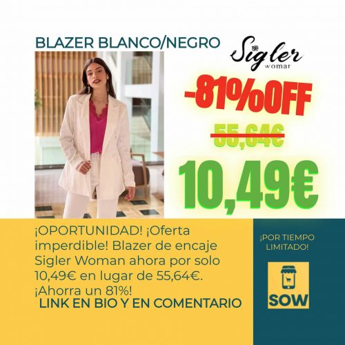 Descubre la elegancia del Blazer de encaje Sigler Woman en blanco o negro. Un 81% de descuento, ¡por solo 10,49€ en lugar de 55,64€! Disponible en tallas S, M y L. Aprovecha esta oferta especial y ahorra en tu próximo look. ¡Compra ahora y luce con estilo!