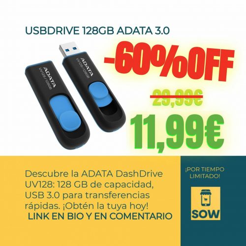 Descubre la ADATA DashDrive UV128: 128 GB de capacidad, USB 3.0 para transferencias rápidas. Almacena y lleva tus datos con comodidad y estilo. ¡Obtén la tuya hoy