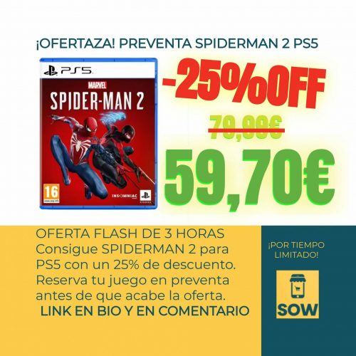 Imagen de Marvel's Spider-Man 2 para Playstation 5 con un descuento del 25% en preventa.
