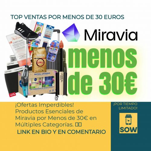Imagen de productos esenciales de Miravia a menos de 30 euros en diversas categorías.