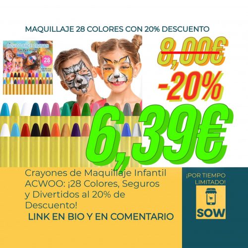 Crayones de Maquillaje Infantil ACWOO: ¡28 Colores, Seguros y Divertidos al 20% de Descuento!