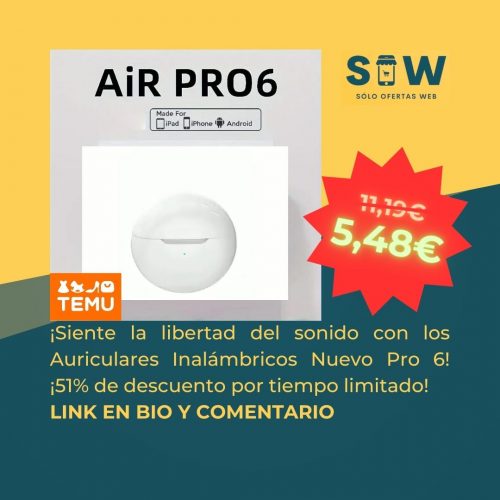 Imagen vibrante de los auriculares inalámbricos Nuevo Pro 6 TWS de alta calidad. Disponibles en varios colores elegantes, estos auriculares ofrecen una experiencia de sonido estéreo de alta fidelidad para usuarios de iPhone y Android.