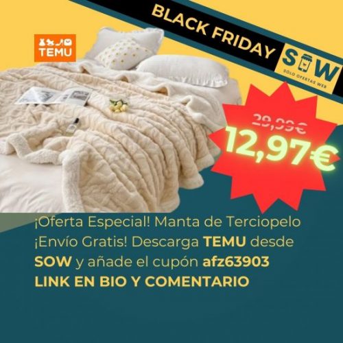 Imagen de la manta de terciopelo de piel de cordero de doble capa de Jacquard de color sólido. Texto que dice: "¡Descuento del 41%! Manta de terciopelo Red Yufang. Precio rebajado a 12,97€. ¡Ahorra 9,02€! Envío gratis."