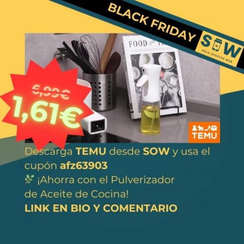 Imagen del Pulverizador de Aceite de Cocina. Destaca el ahorro de aceite y la oferta del 76% de descuento. Se añade el texto "¡Ahorra y disfruta de platillos más saludables! 🍽️✨ #OfertaCulinaria #MenosAceiteMásSabor"