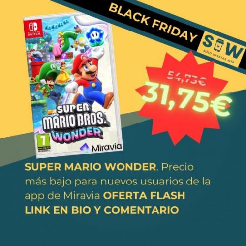 Imagen de la oferta de Super Mario Bros. Wonder para Nintendo Switch. Destaca el nuevo y mejorado descuento, junto con el precio exclusivo de 31,98€ para nuevos usuarios de Miravia App. Incluye el texto "¡Descuento Mejorado + Precio Exclusivo para Nuevos Usuarios! 🎮✨ Solo en Miravia App. ¡Vive la aventura con Mario y ahorra más! 🌟"