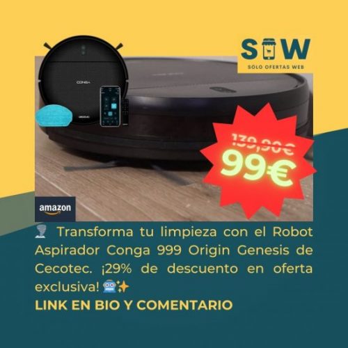 Imagen de alta calidad del Robot Aspirador Conga 999 Origin Genesis de Cecotec en elegante negro. El dispositivo se muestra en acción, barriendo y aspirando con eficacia.