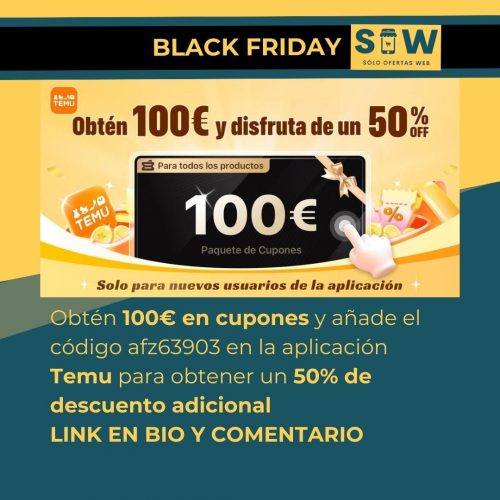 Imagen promocional con fondo llamativo que destaca la oferta. Texto que dice: "¡Oferta Especial! 💰 Obtén un kit de cupones de 100€ al hacer clic en el enlace https://temu.to/m/udtg7k9vd0p o usa el código afz63903 en la app Temu para un 50% de descuento. 🌟 https://temu.to/m/e8wpoale711 vía @shoptemu