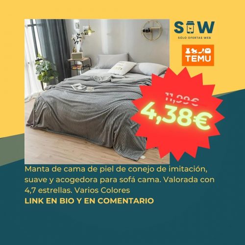 Manta de cama de piel de conejo de imitación, suave y acogedora para sofá cama. Valorada con 4,7 estrellas.