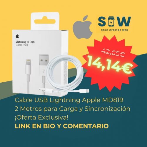 Cable USB Lightning Apple MD819 de 2 metros para sincronización y carga de iPhone e iPad. Valorado con 563 estrellas. ¡Descubre más con Librephonia!