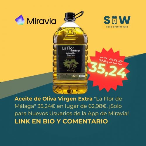Aceite de Oliva Virgen Extra "La Flor de Málaga". Oferta: 35,24€ en lugar de 62,98€. Válido para nuevos usuarios de la app de Miravia. ¡Compra ahora!