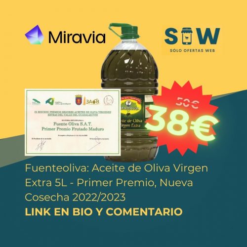 Imagen del envase de Fuenteoliva Aceite de Oliva Virgen Extra 5 litros, cosecha 2022/2023. Oferta especial de 38€ para primeras compras en Miravia. ¡Descárga la app y ahorra!