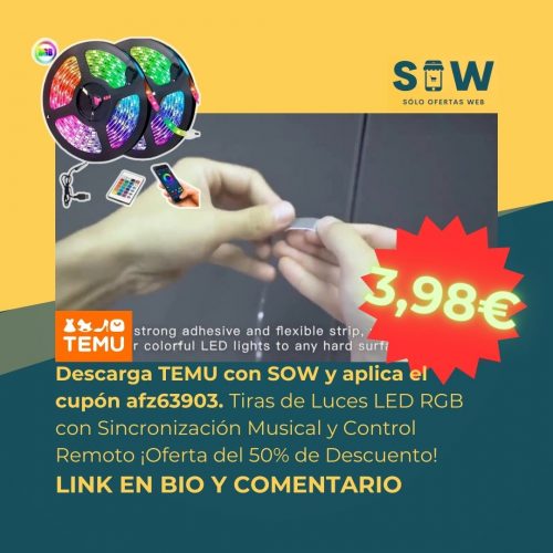 Imagen de oferta en tira de luces led al 50% de descuento en TEMU. Oferta de solo Ofertas web, SOW