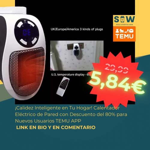 Calentador enchufable para uso en interiores. Calentador eléctrico de espacio con termostato ajustable y pantalla LED. Proporcionado por National Business Shoppes.