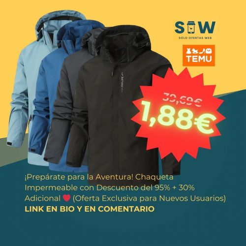 Chaqueta impermeable ligera para hombre con capucha, ideal para exteriores y senderismo. Descuento del 95% + 30% adicional. Oferta exclusiva para primeros usuarios.