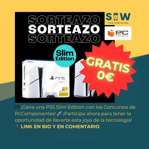 Imagen del concurso de PcComponentes para ganar una PS5 Slim Edition. Participa ahora para tener la oportunidad de ganar este increíble premio.