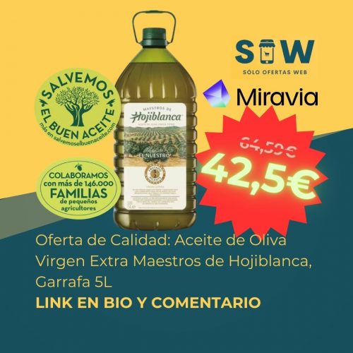 Imagen de la garrafa de 5L de Maestros de Hojiblanca-Aceite de Oliva Virgen Extra, con descuento del 34%, ahora a 42,50€ en lugar de 64,59€.