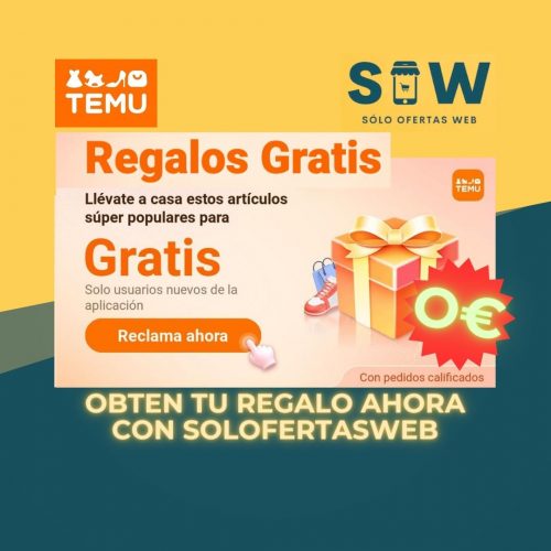 Imagen de un smartphone mostrando la oferta de regalo gratuito en TEMU APP a través de SOLOFERTASWEB.