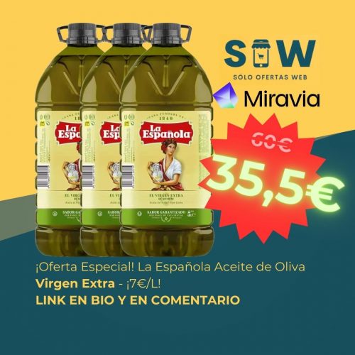 Imagen de la garrafa de 5 litros de La Española Aceite de Oliva Virgen Extra. Precio normal: 60€, precio rebajado para primeras compras en la APP de Miravia: 35,49€.