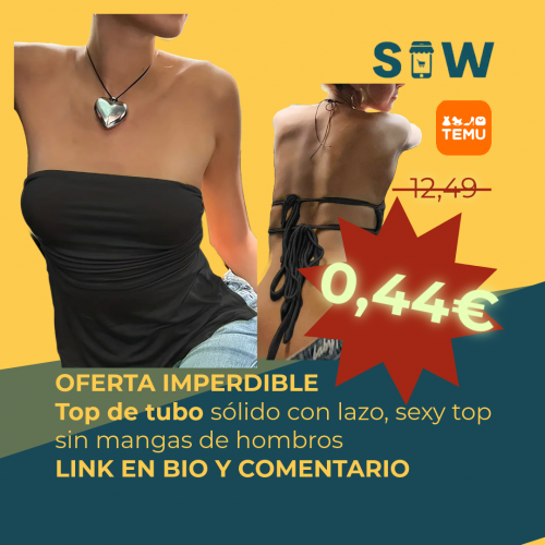 Mujer con piel bronceada luciendo un top de tubo negro con lazo, sobre un fondo rosa claro. Texto promocional de Temu con precio y enlace en la bio.