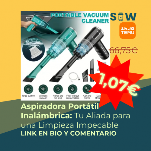 "Aspiradora portátil inalámbrica de color verde oscuro con boquilla y cepillo, sobre un fondo blanco. Se muestra junto a un coche y un sofá,