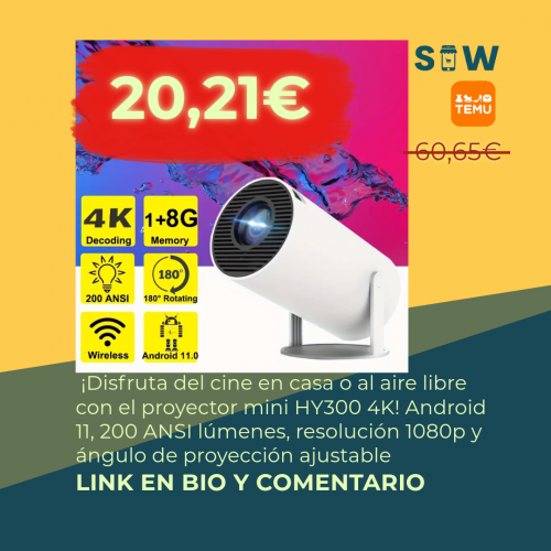 Proyector mini HY300 4K de color blanco proyectando una película en una pared blanca en un salón.