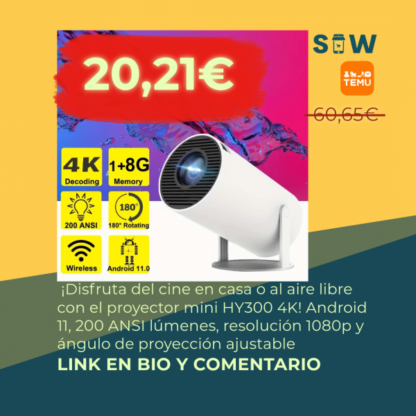 Proyector mini HY300 4K de color blanco proyectando una película en una pared blanca en un salón.