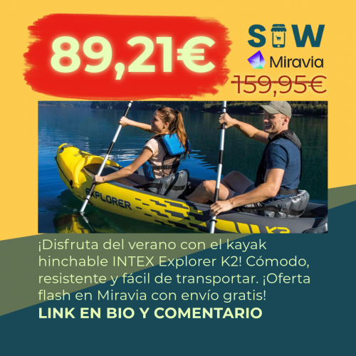 Dos personas remando en un kayak hinchable INTEX Explorer K2 de color amarillo en un lago tranquilo.