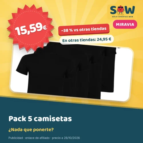 Pack 5 camisetas unisex de algodón 155 g por 15,59 €