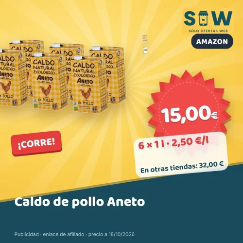 Caldo de pollo ecológico Aneto, pack de 6 litros
