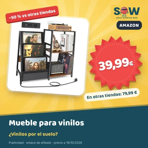 Mueble para tocadiscos con enchufe y 200 vinilos por 39,99 €